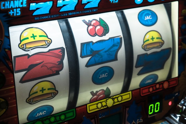 A photo of symbols on a slot machine.